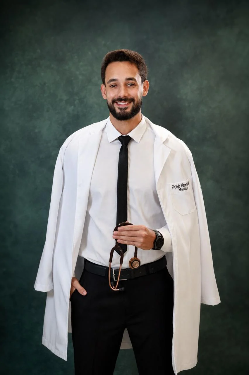 Dr. João Vitor de Oliveira, de jaleco branco, segurando um estetoscópio.